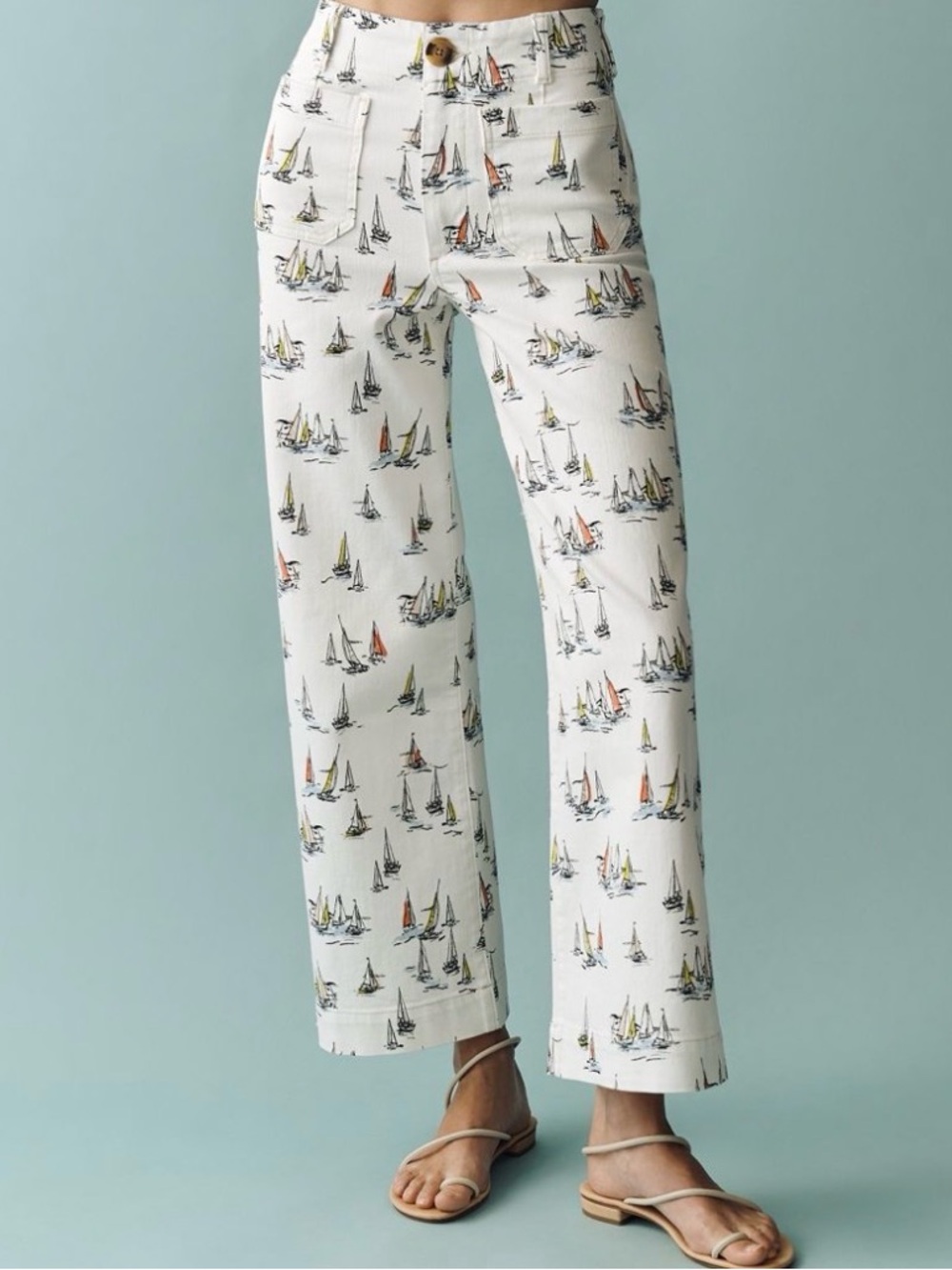 NWT ANTHROPOLOGIE Maeve Full-Length Colette Ivory Sailboat Denim Pants SZ 28